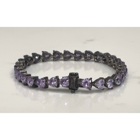 Vintage Sterling Silver Bracelet Purple Glass Heart Stones Signed 7" - Picture 5 of 14